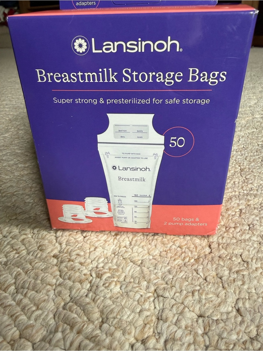 3 BOXES Lansinoh Breastmilk
Storage Bags, 50 Qty 6 oz Bags & 2
Pump Adapters